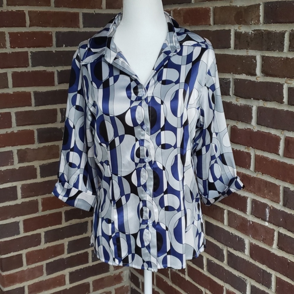 Navy and White Silky Button Down Shirt Top